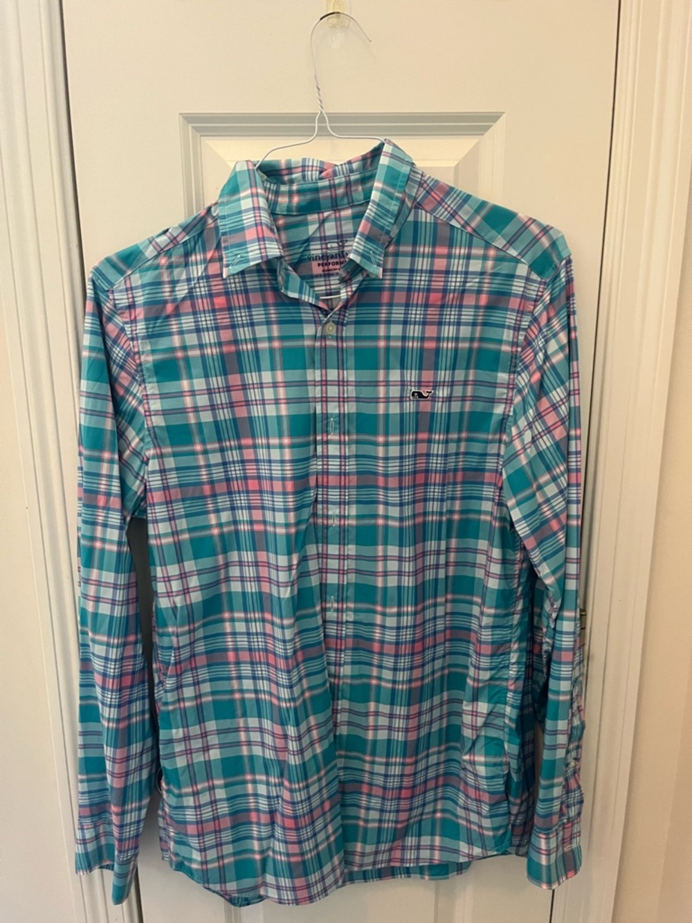 Vineyard Vines Teal and Pink Plaid Long-Sleeve Button-Down